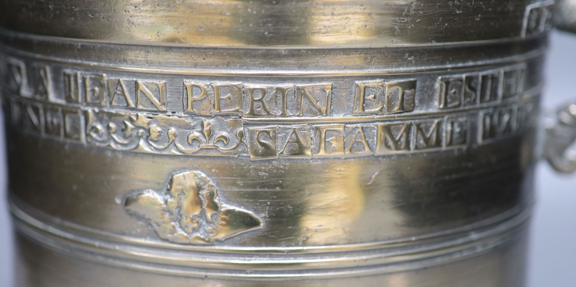 An early 18th century French bronze bowl, dated 1715, with cover, height 29cm